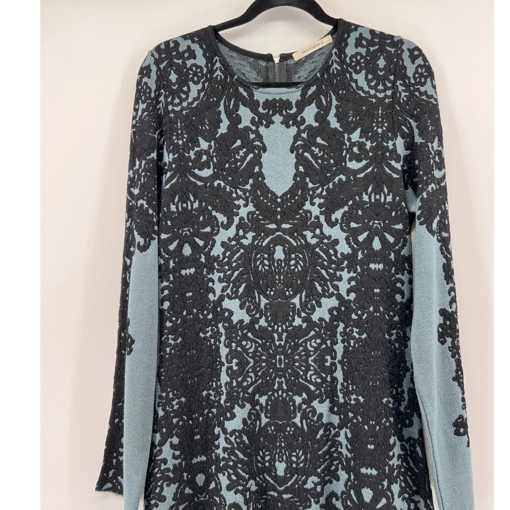 Aldo Martins Anthropologie Blue Black Damask Knit Long Sleeve Dress Size 12